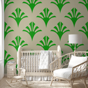 Papier Peint Art Déco Motif 2002 - Vert forêt sur blanc cassé