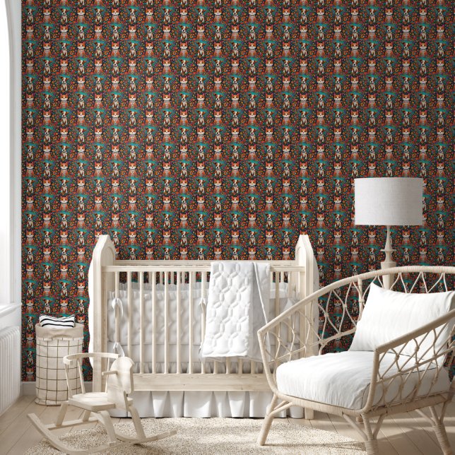 Papier Peint Art folklorique fantaisie Chiot, chaton et fleurs (Enfants)