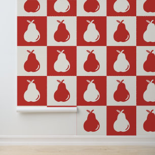 Papier Peint Art populaire de poires rouge et blanc en damier à