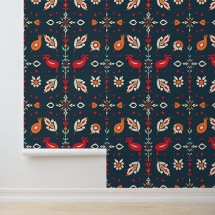 Papier Peint Art populaire indien Floral et Motif d'oiseaux