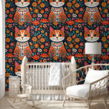 Art populaire Whimsical Chat et Fleurs