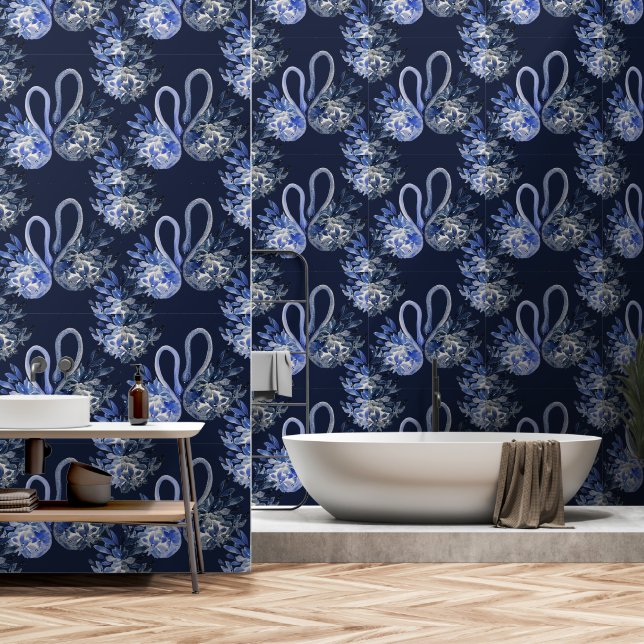 Papier Peint Artistic Blue Swans Aquarelle peinte à la main (Salle de bain)