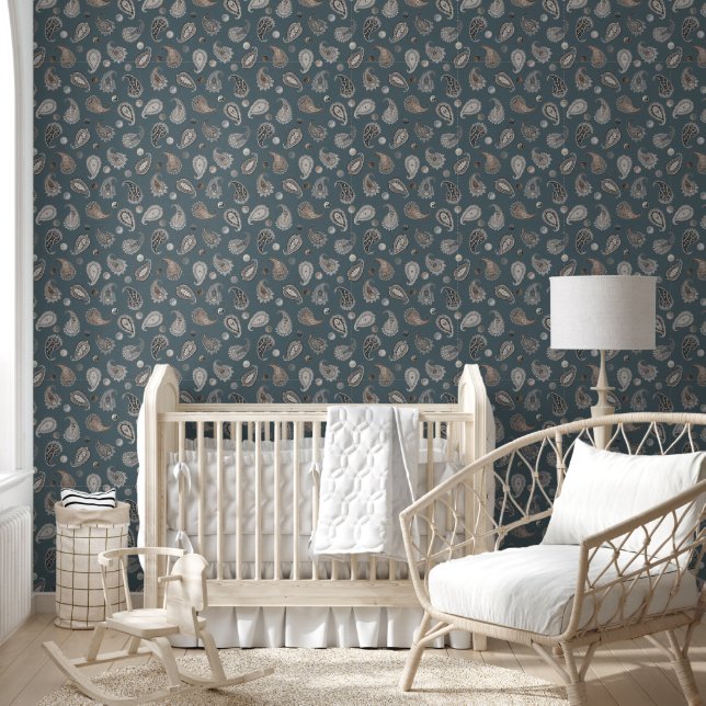 Papier Peint  Astro Paisley & Yin Yang Dots Blue Beige Grey  (Enfants)