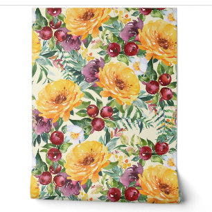Papier Peint Automne Floral Jaune et Berries Rouge Vert
