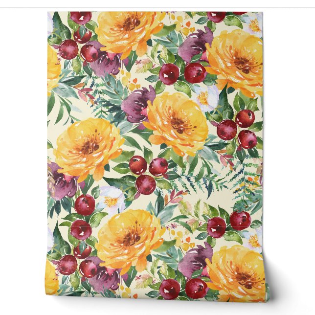 Papier Peint Automne Floral Jaune et Berries Rouge Vert (Déroulement)