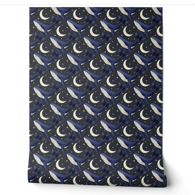 Papier Peint Baleine dans les étoiles avec la lune sur bleu fon (Déroulement)