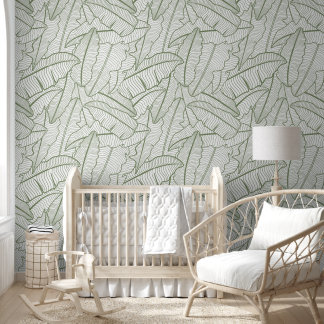 Papier Peint Banane tropicale Feuille Line Art Sage Green