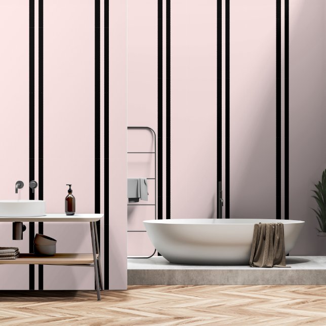 Papier Peint Bandes Verticales Noires Sur Rose Pastel (Salle de bain)