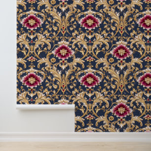 Papier Peint Baroque Floral Royal sur Fond Bleu Profond