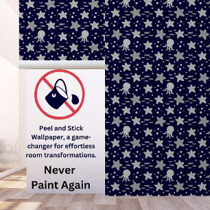 Papier Peint Base Marine Blue Grey Kids Nautical Starfish Squid