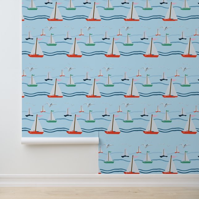 Papier Peint Bateaux à voile, mouettes, vagues de l'océan (Application)