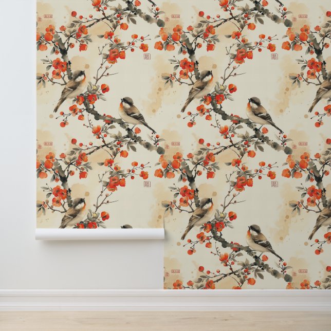 Papier Peint Beaux oiseaux Rouge Noir Asiatique Rustique (Application)