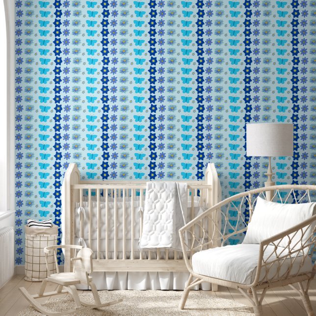 Papier Peint Bébé bleu Papillons et fleurs à motifs (Enfants)
