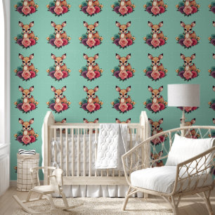Papier Peint Bébé cerf avec Roses et feuillage vert