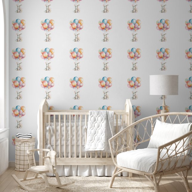 Papier Peint Bébé de chambre lapin flottant avec des ballons (Enfants)