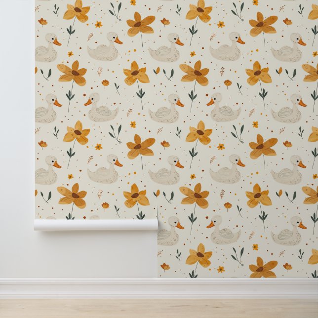Papier Peint Bébé de ferme mignonne animaux avec fleurs de saum (Application)