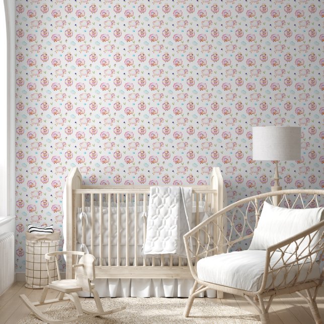 Papier Peint Bébé Fille Lambes et nuages (Enfants)