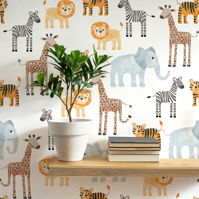Papier Peint Bébé mignet Safari animal Motif d'aquarelle (Cute safari animal lion, tiger, elephant, giraffe and zebra nursery and kids room decor wallpaper)
