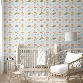 Papier Peint Bébé mignon Dinosaures Hatchlings Nuages Rose Nurs