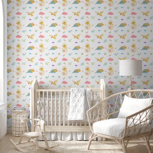 Papier Peint Bébé mignon Dinosaures Hatchlings Nuages Rose Nurs (Enfants)