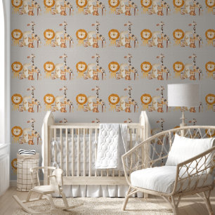 Papier Peint Bébé mignon Safari Animaux sur Smokey Beige
