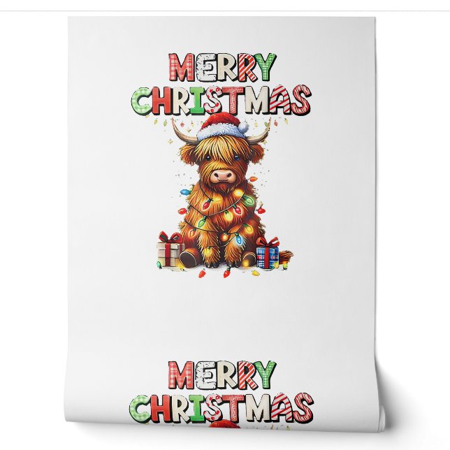 Papier Peint Bébé mignon vache Highland avec lumières de Noël (Déroulement)