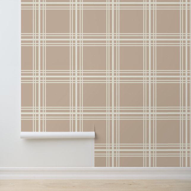 Papier Peint Beige tendance avec Grille blanche ivoire (Application)