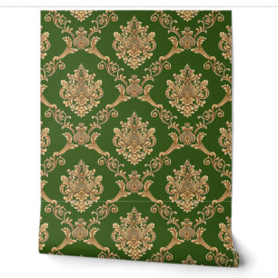 Papier peint belge en damas or sur fond vert desig