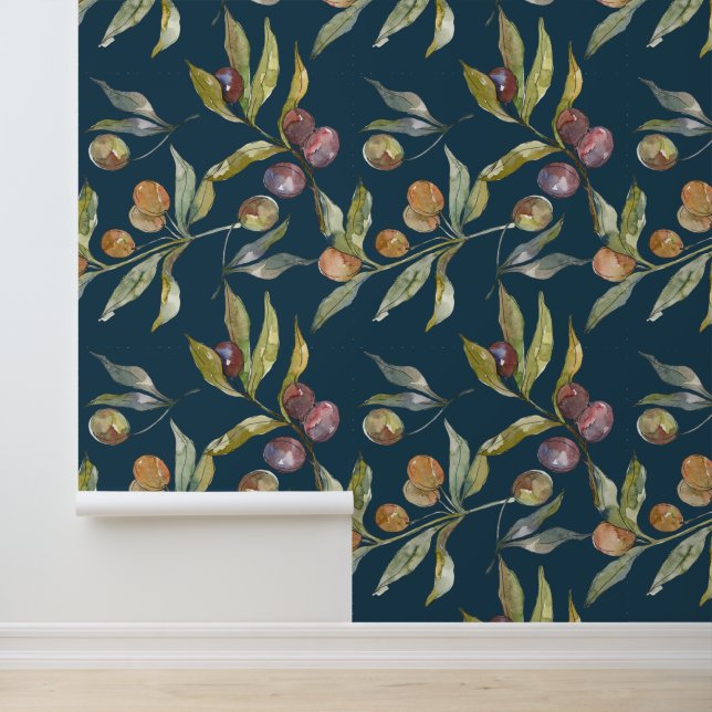 Papier Peint Belle Aquarelle Italienne Olives Motif Bleu (Application)