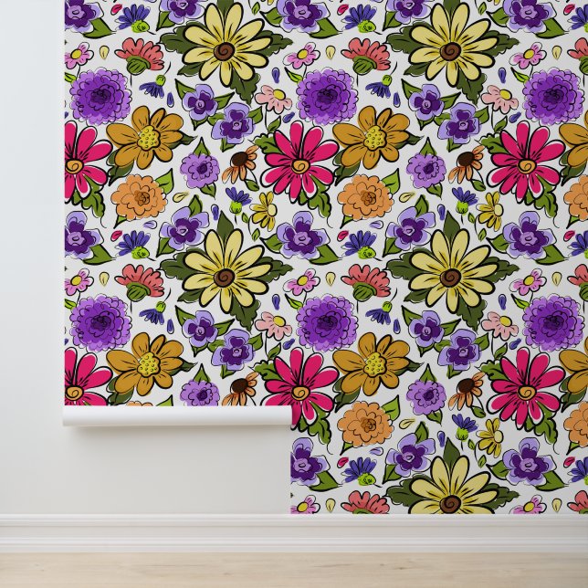 Papier Peint Belle Fleurs de Boho brillantes Grande répétition (Application)