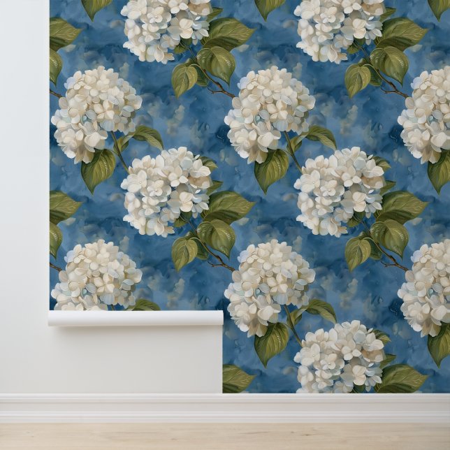 Papier Peint Belle hydrangée blanche sur bleu (Application)