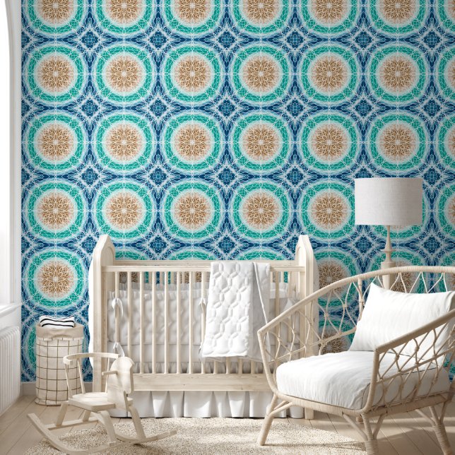 Papier Peint Belle Mandala de plage bleu et turquoise (Enfants)