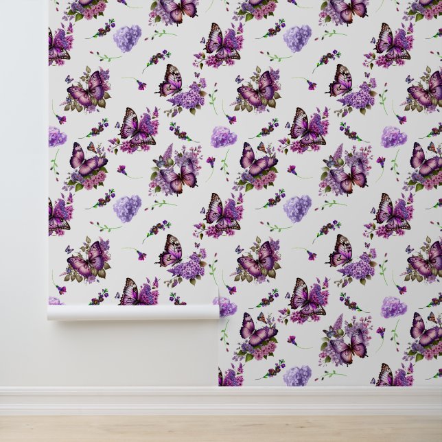 Papier Peint Belle Papillons pourpres | Hydrangeas Floral (Application)