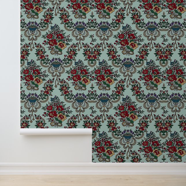 Papier Peint Belles Fleurs tendance Feuille bleu rose vert (Application)
