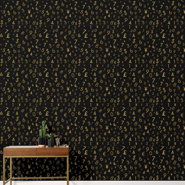 Papier Peint Black Gold Luxury Numéros Devise Symboles Motif (Couloir)