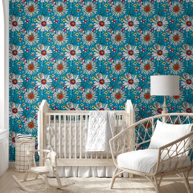 Papier Peint Blanc Bleu Jaune Orange Rouge Fleurs de marais Mot (Enfants)