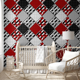 Papier Peint Blanc noir avec patchwork rétro rouge