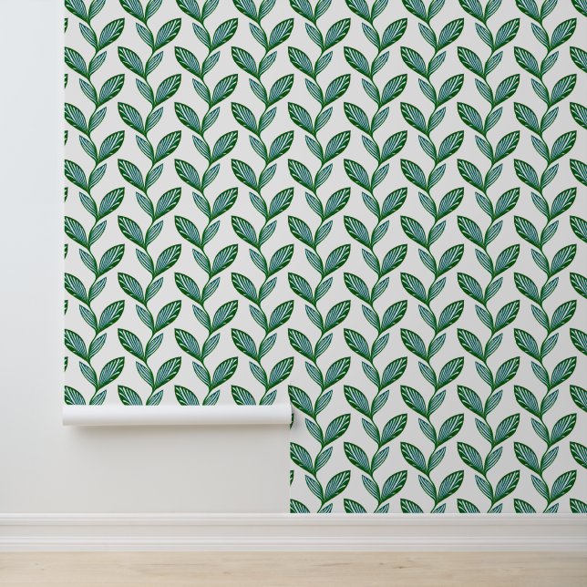 Papier Peint Blanc & Vert Nature Cool Dessin de feuillage moder (Application)