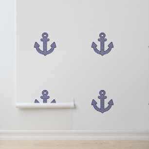 Papier Peint Bleu Ancre Enfants Nautique Blanc