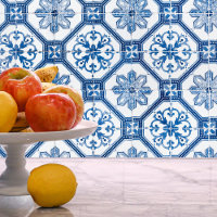 Bleu Blanc Mosaïque Florale Carrelage Motif Peel S