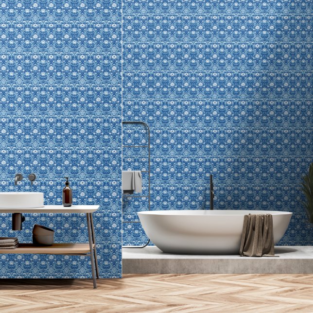Papier Peint Bleu blanc Motif Art déco moderne (Salle de bain)