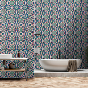 Papier Peint Bleu blanc rouge Turquoise Oriental Azulejo Motif