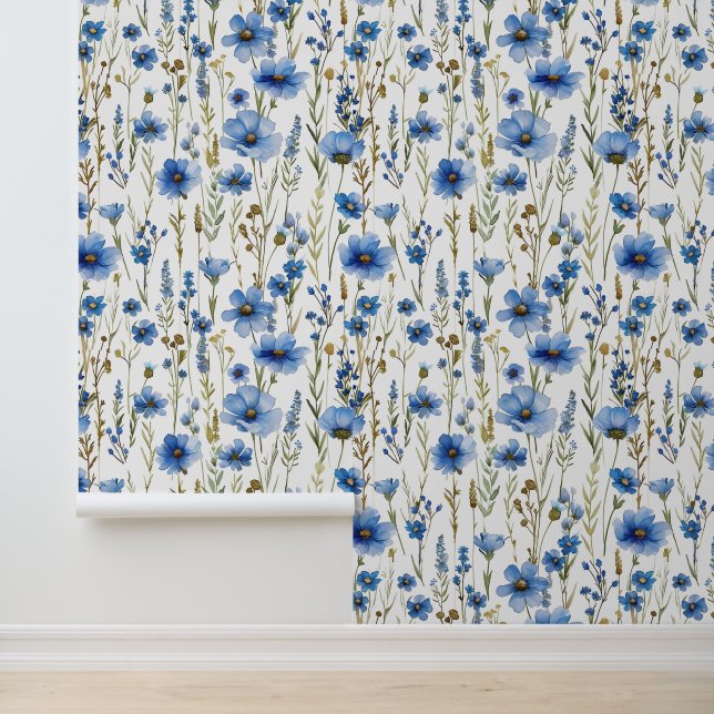 Papier Peint Bleu Bleu Blanc Aquarelle Fleurs sauvages #2 (Application)