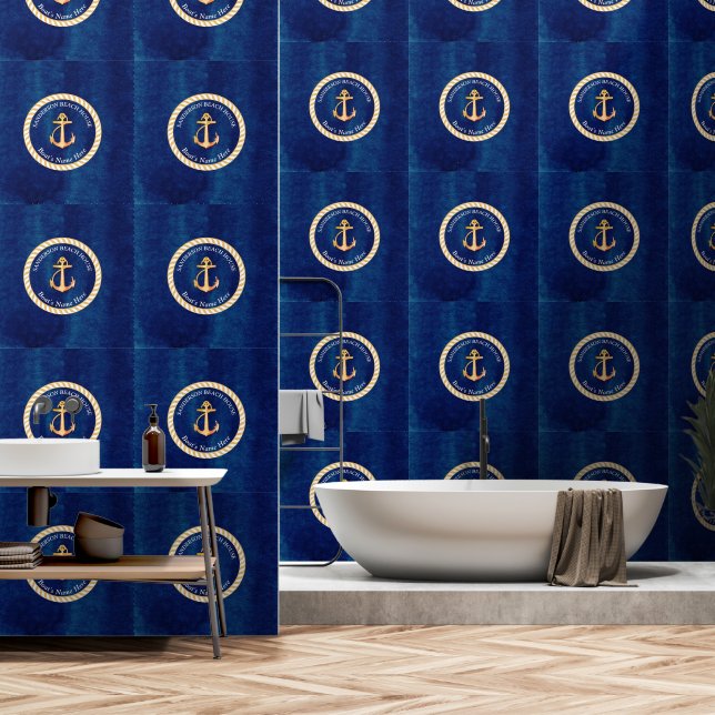 Papier Peint Bleu de marine blanche avec Ancre de bateau jaune  (Salle de bain)