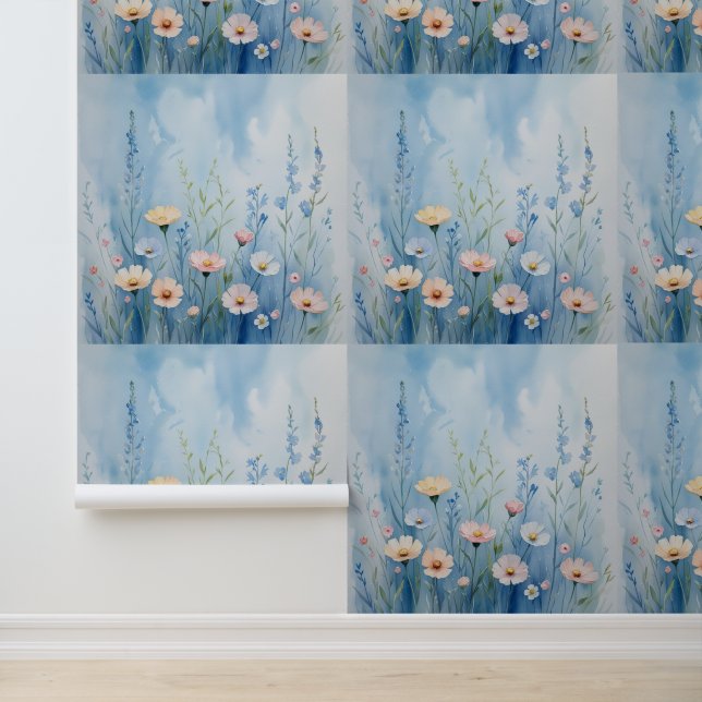 Papier Peint Bleu doux & Pastel Floral Peel et Bâton (Application)