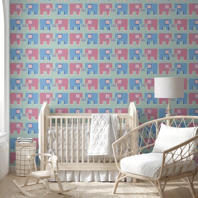 Papier peint bleu éléphant rose pépinière (Enfants)
