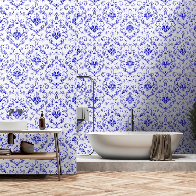 Papier Peint Bleu et blanc damassé médiéval peler et bâton (Salle de bain)