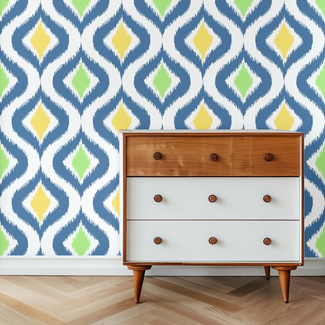 Papier Peint Bleu foncé Jaune clair Vert blanc Ikat Motif (Créateur téléchargé)