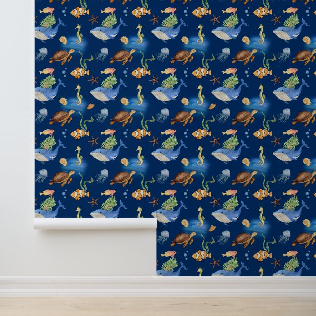Papier Peint Bleu marine baleines tortues (Application)