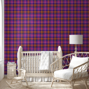 Papier Peint Bleu marine rose orange carreaux design tartan